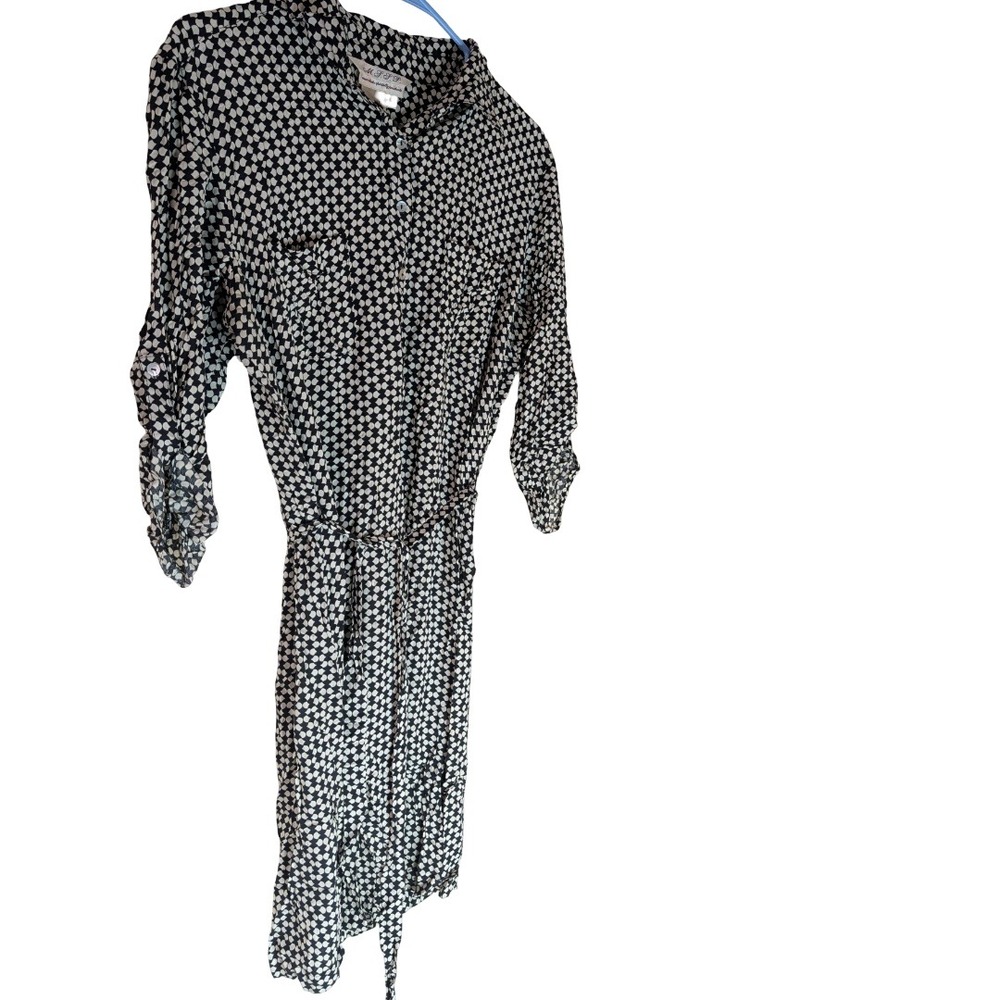 MSSP Max Studio Shirtdress Womens L Black White Geometric Rayon Roll Tab Vintage - Picture 5 of 12
